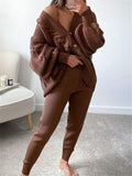 Casual Simple Buttons-Up Solid Color V-Neck Sweater Outfits Tops+Pants