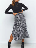 Stylish Elegant Leopard Printed High Waist Zipper Slit Hem Skirts