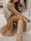 2-Piece Charming Round Neck Solid Color Sweater Loose Slit Hem Button Sweater Skirt