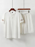 Graphic Print Lightweight 2-Piece Outfit Button T-Shirt + Drawstring Waistband Shorts