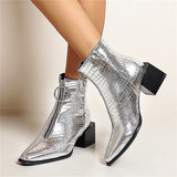 Thick Chunky Medium Heel Front Zipper Ankle Boots