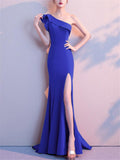 Pretty One Shoulder Sweep Train Side Slit Maxi Dress for Evening