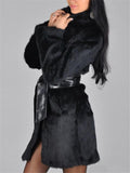 Black Luxury Waist Tie Fur Coat