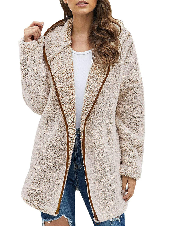 Ladies Casual Solid Color Hooded Plush Fleece Coats