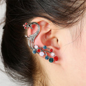 1 pc Ethnic Peacock Silver Earrings Colorful Rhinestones Ear Cuff Cartilage Earrings for Women