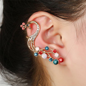 1 pc Ethnic Peacock Silver Earrings Colorful Rhinestones Ear Cuff Cartilage Earrings for Women