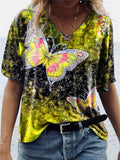 Women's Loose Short-Sleeved V Neck Butterfly Print T-Shirt