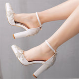 Female Gorgeous Rhinestone White Chunky High Heels Wedding Pumps