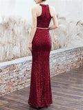 Shiny Sequined Halter Neck Maxi Mermaid Dress for Evening