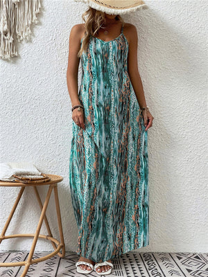 Bohemian U Neck Spaghetti Strap Printed Vacation Dress for Women