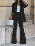 Office Ladies Solid Double Breasted Blazer Wide Leg Pants Sets