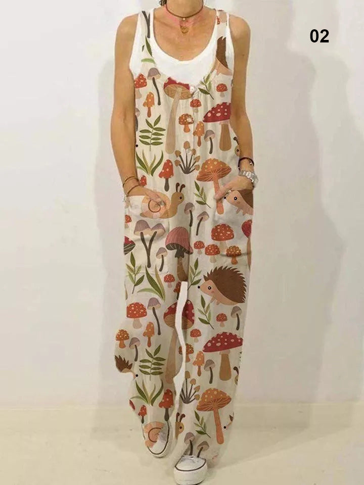 Women's Cute Allover Cartoon Animal Print Sleeveless Loose Jumpsuit