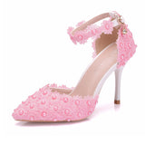 Women’s White Pearl Lace Floral Buckle High Heels Wedding Pumps