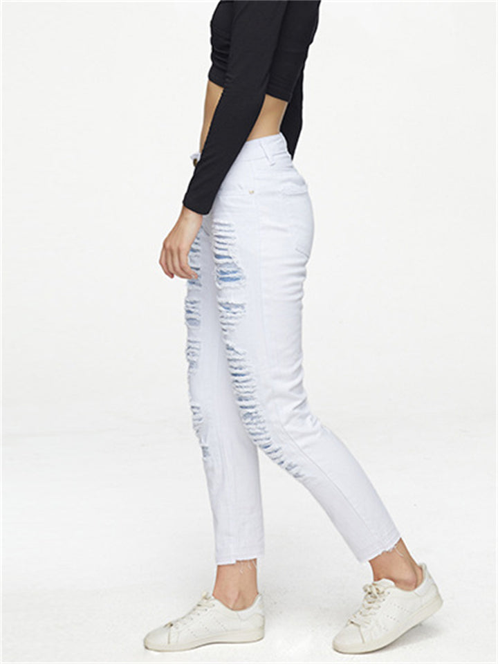 Punk Style Fashion Ripped Loose Women White Denim Jeans