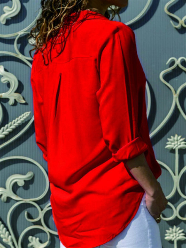 Long Sleeve Solid Color Lapel Chiffon Blouse