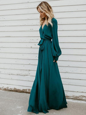 V-neck Long Sleeves Belted Maxi Dress