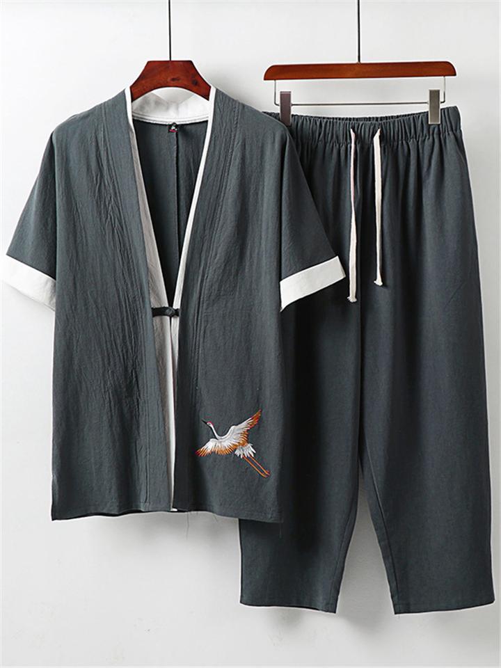 Comfy Embroidery Linen 2-Piece Contrast Color Shirt + Drawstring Full-Length Pants