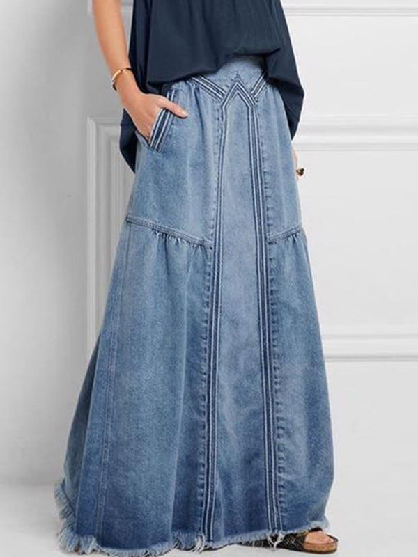 Elastic Waistband Long Denim Skirt