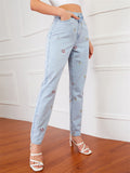Campus Style Lovely Small Floral Embroidery Slim Fit Light Blue Denim Jeans for Women