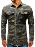 Men's Green Camouflage Long Sleeve Lapel Tough Guy Denim Shirt