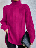 Womens Trendy Turtleneck Side Split Hem Oversized Long Sleeve Knitted Sweaters