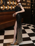 Shimmering Sequined Illusion Neck Side Slit Maxi Dress for Formal Party