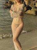Sexy Sheer Mesh Pearl Rhinestone Cover Up Bikini Dress for Women