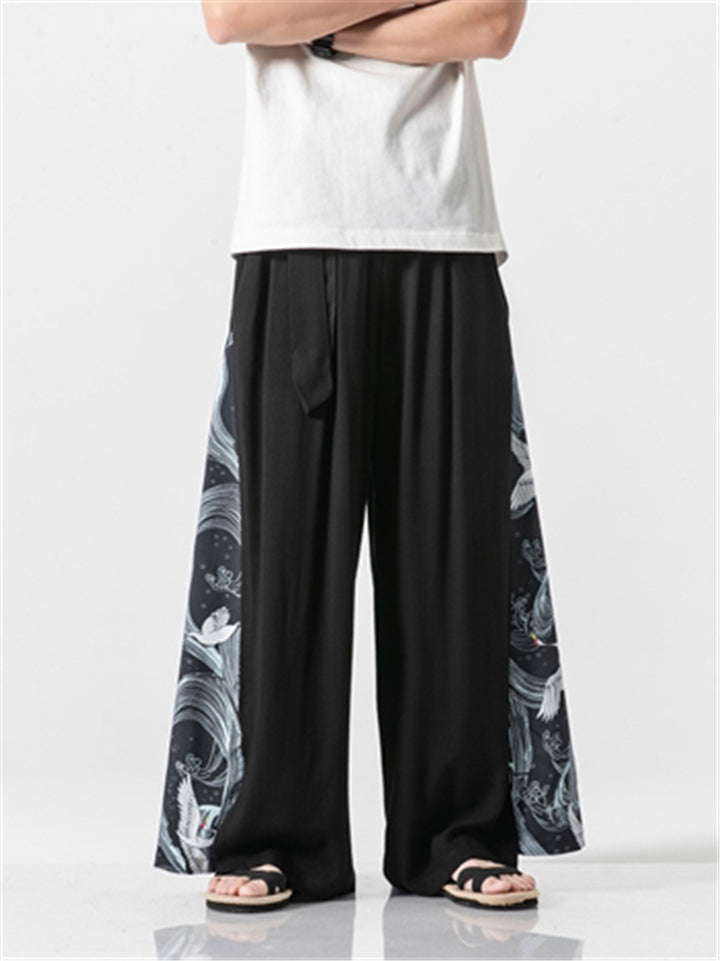 Linen Cotton Elastic Waistband Drawstring Pleated Detailing Crane Print Full Length Pants