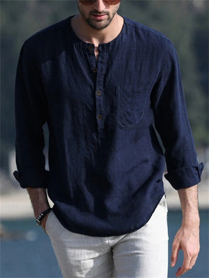 Men's Super Soft Cotton Linen Casual Round Neck Long Sleeve Shirts