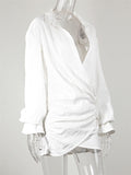 Sexy Casual Longsleeve Deep V Design White Linen Dress