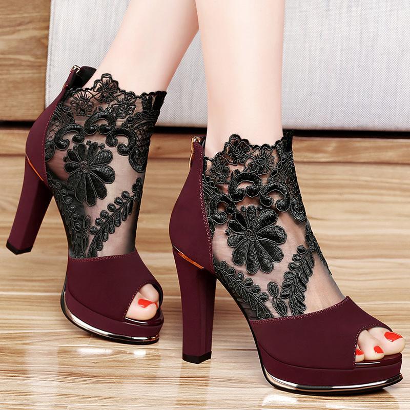 Women's High Quality Sexy Lace Dress High Heel Sandals Shoes