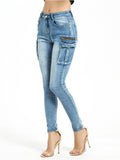 Women's Casual Style Slim Fit Multi-Pocket Long Denim Pants