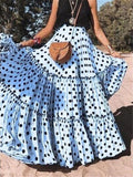 Plus Size Elastic Waistband Polka Dot Pleated Ruffle Flare Beach Maxi Skirt