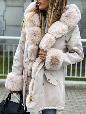 Women Casual Trendy Faux Fur Collar Hooded Parka Coat With Pockets