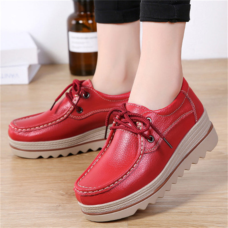 Fashion Lace Up Breathable Women Leather Loafers