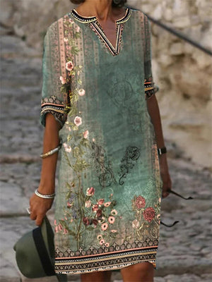 Ethnic Style V Neck Half Sleeve Retro Floral Dress for Women