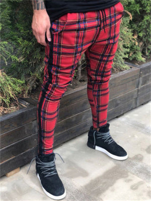 Trendy Hip-Hop Men's Plaid Drawstring Skinny Pants With Pockets