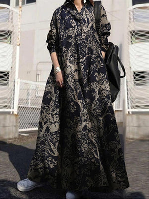 Vintage Style Button Up Lapel Collar Floral Printed Pocket Maxi Dress