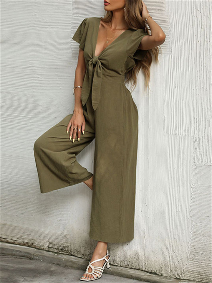 Sexy V Neck Linen  Casual Wide Leg Jumpsuits for Ladies