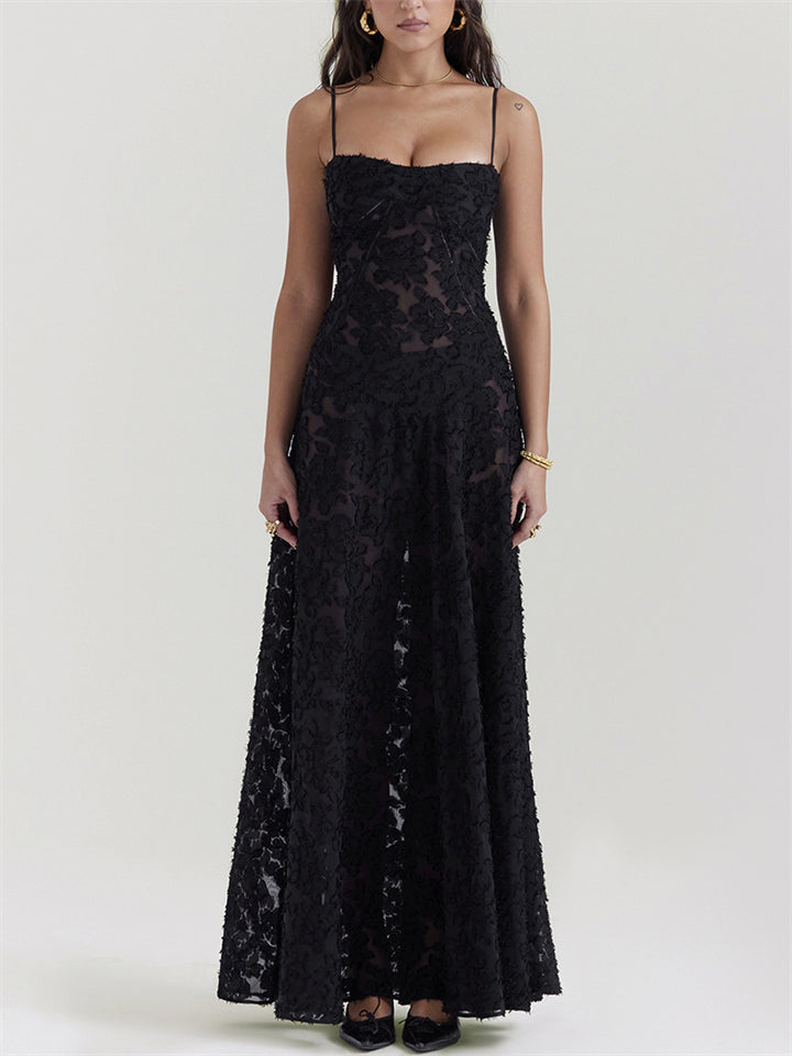Female Sexy Black Embroidered Strappy Evening Dresses