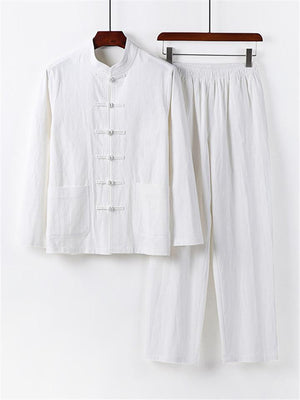 Retro Style Linen 2-Piece Outfit Button Collar Shirt + Full-Length Elastic Waistband Pants