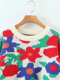 Casual Round Neck Floral Pullover Sweater