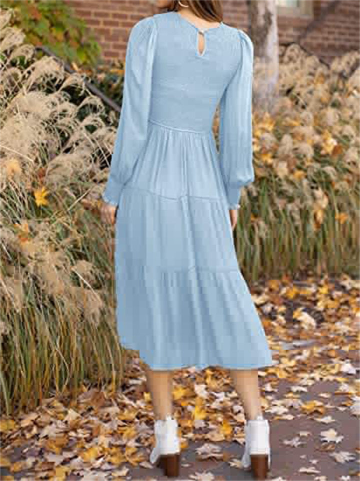 Long Sleeve Pleated Layered Dress Swing Dresses For Women