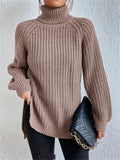 Womens Trendy Turtleneck Side Split Hem Oversized Long Sleeve Knitted Sweaters