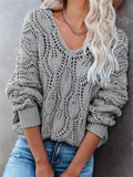 Fashion Hollow Design Casual Solid Color V-Neck Knitted Pullover Sweater