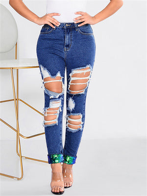 Street Style Women Ripped Extra Loose Sequin Straight-Leg Denim Jeans