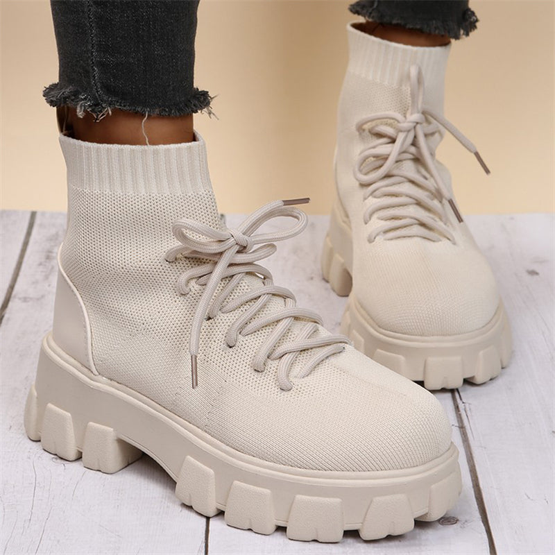 Female Trendy Round Toe Stretchy Mesh Thick Sole Martin Boots