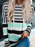 Women's Campus Striped Pullover Drawstring Hooded Sweatshirt