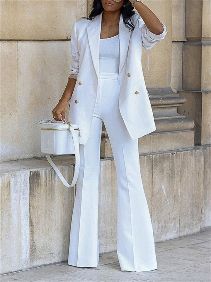 Office Ladies Solid Double Breasted Blazer Wide Leg Pants Sets