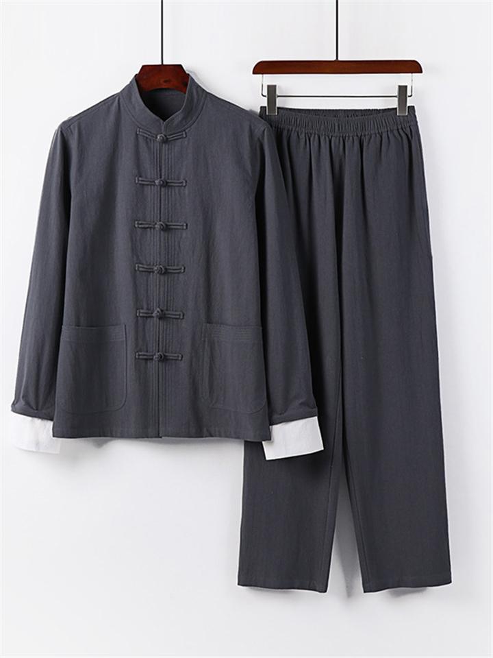 Relaxed Fit 2-Piece Outfit Retro Button Collar Shirt + Elastic Waistband Full-Length Pants